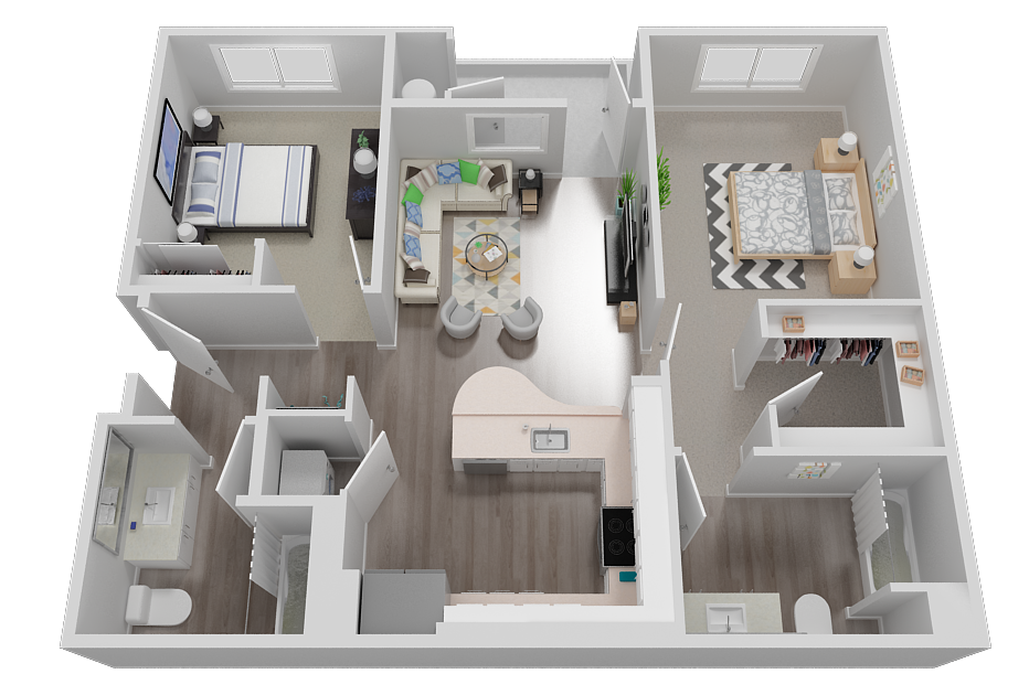 Floor plan for 2 beds, 2 baths, 978 sqft